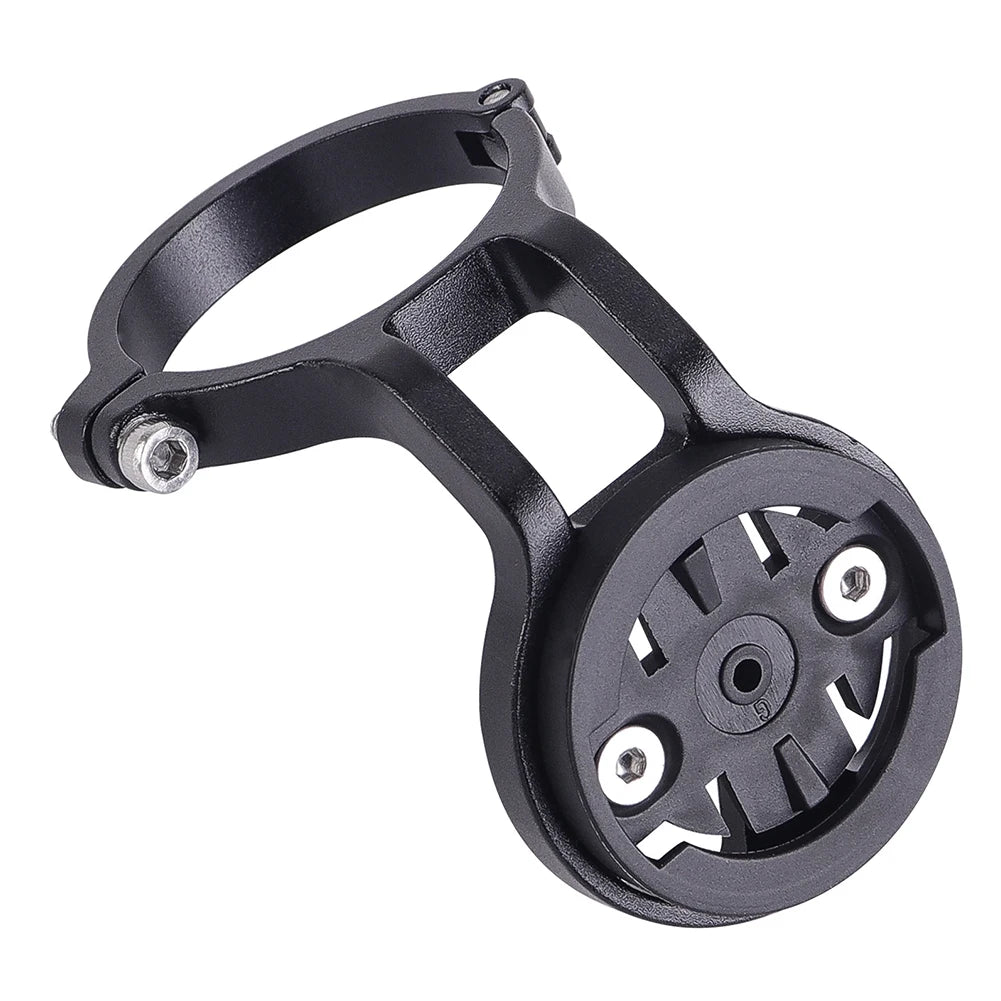 Black metal Garmin mount with circular component on a white background