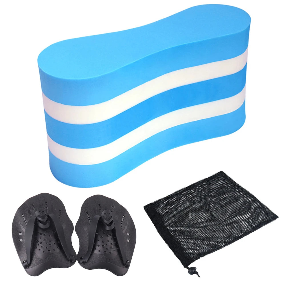 Blue pull buoy with white stripes, black swim paddles, and a black mesh bag on a white background