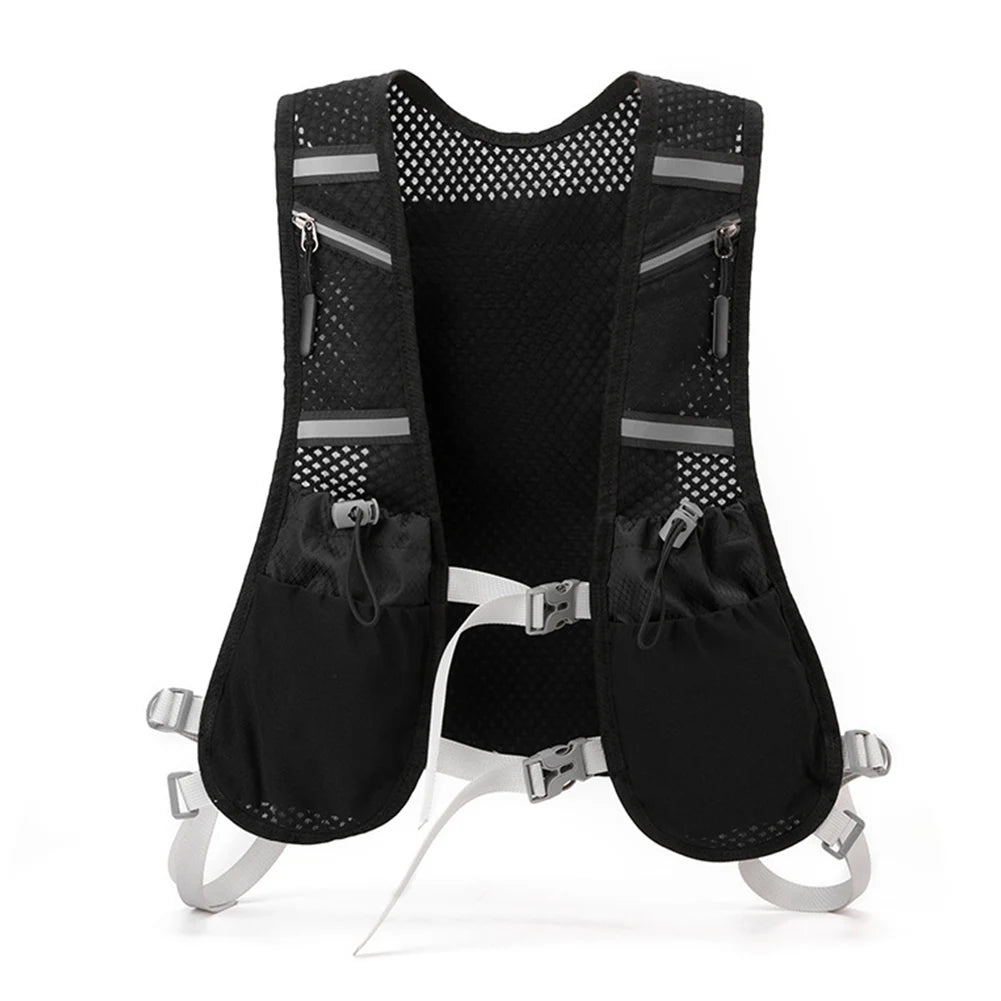 Black running vest with multiple pockets and zippers on a white background