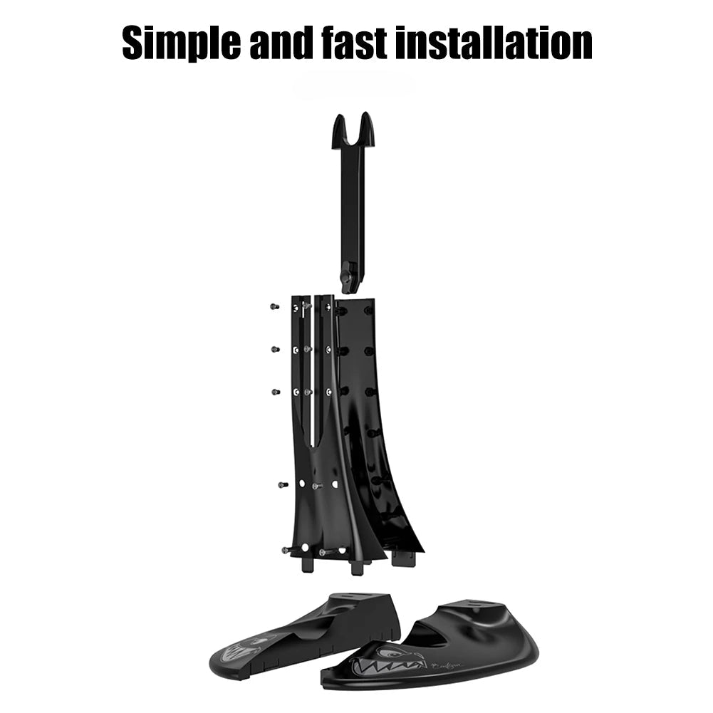 Black metal stand components with text 'Simple and fast installation' and 'Easy to carry' on a white background.