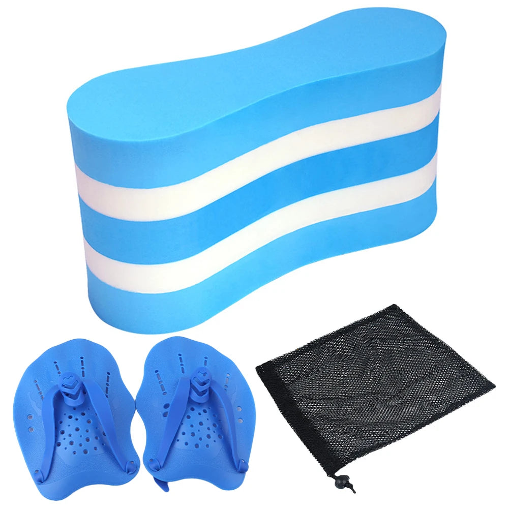 Blue swim float, hand paddles, and black mesh bag on a white background