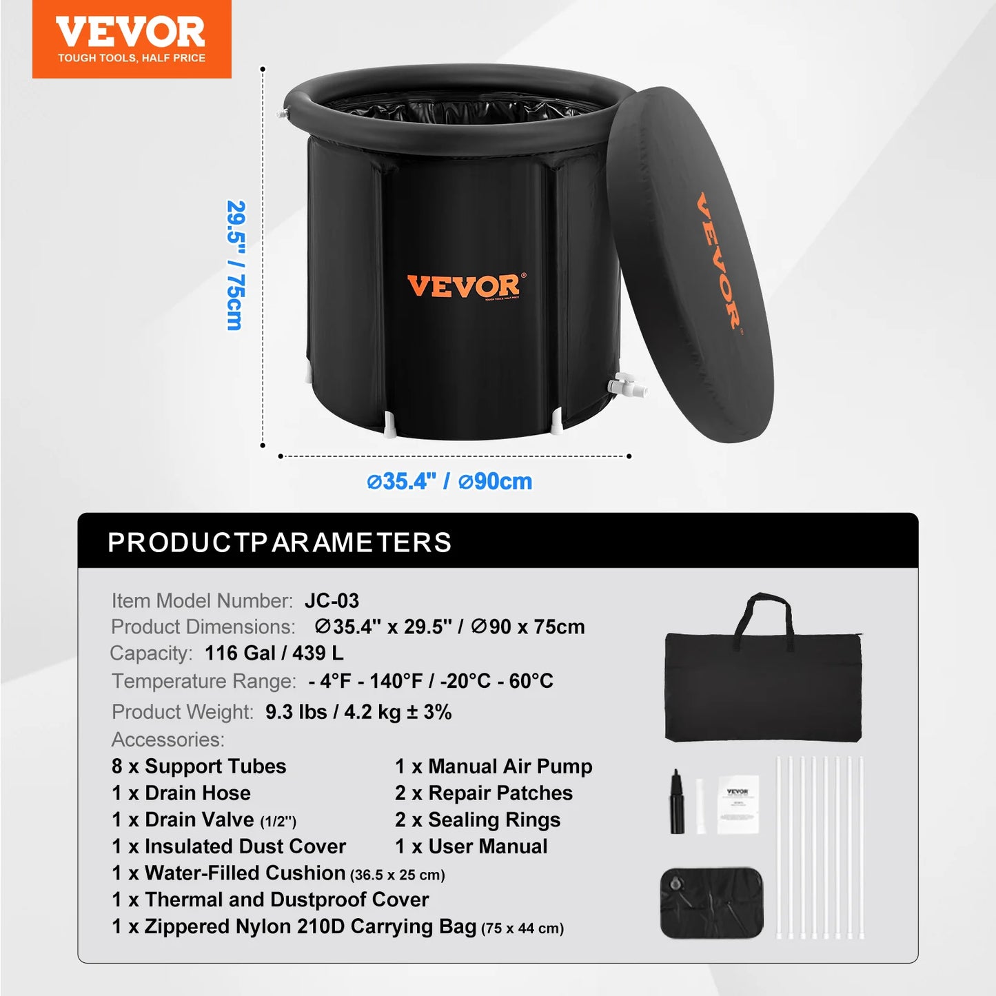 Vevor inflatable container with dimensions and product parameters on a white background