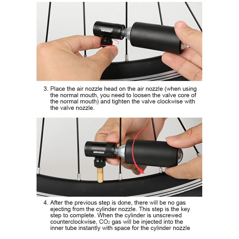 Person using a bicycle air pump with text instructions on a white background