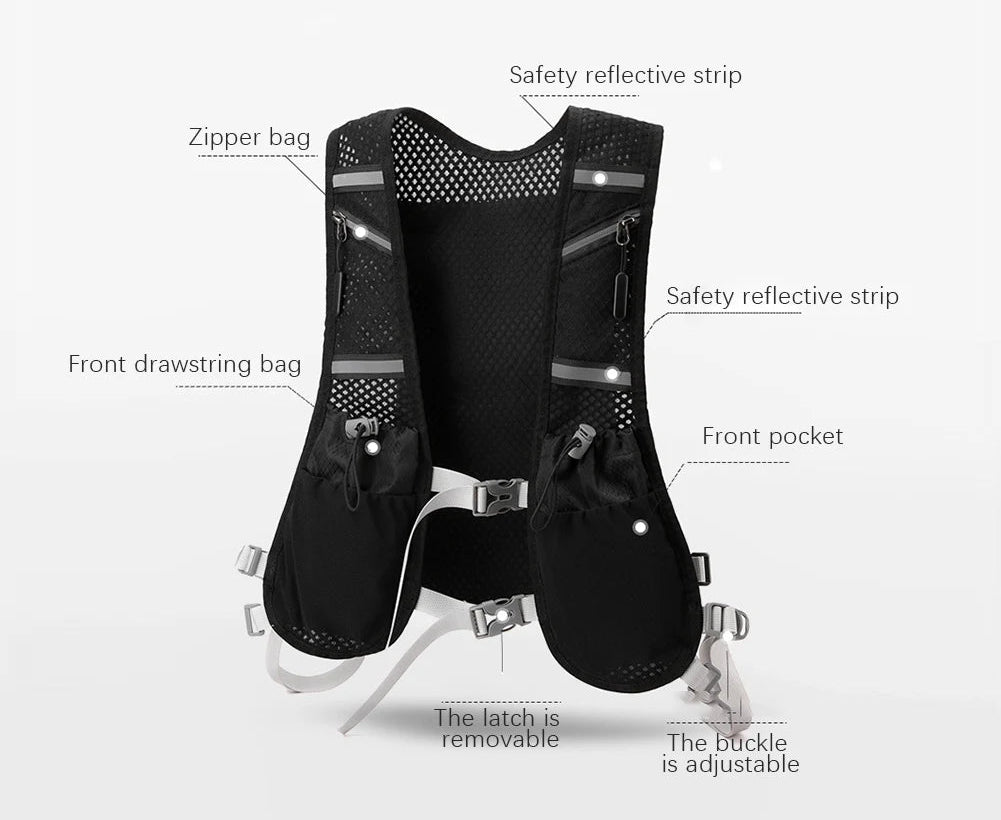Black running vest with safety reflective strips and labeled features on a white background