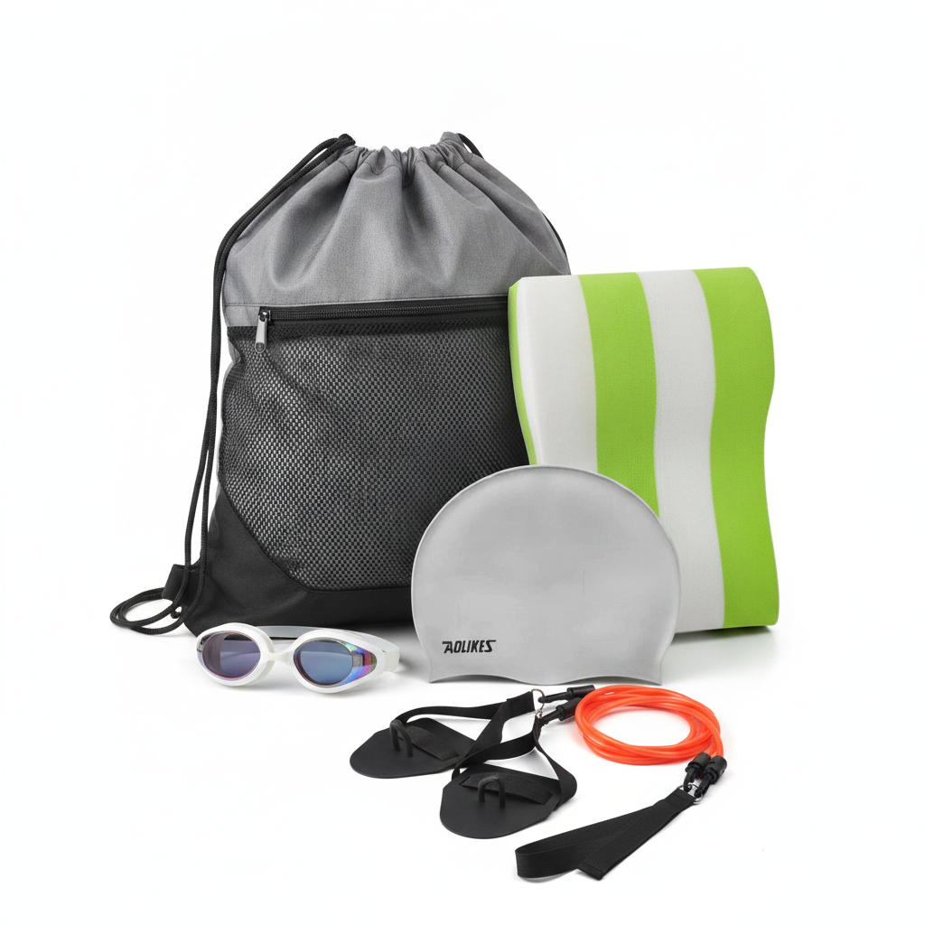 Triathlon Swim Gear Bundle - Mesh Bag, Silicone Cap, Goggles, Pull Buoy & Resistance Band