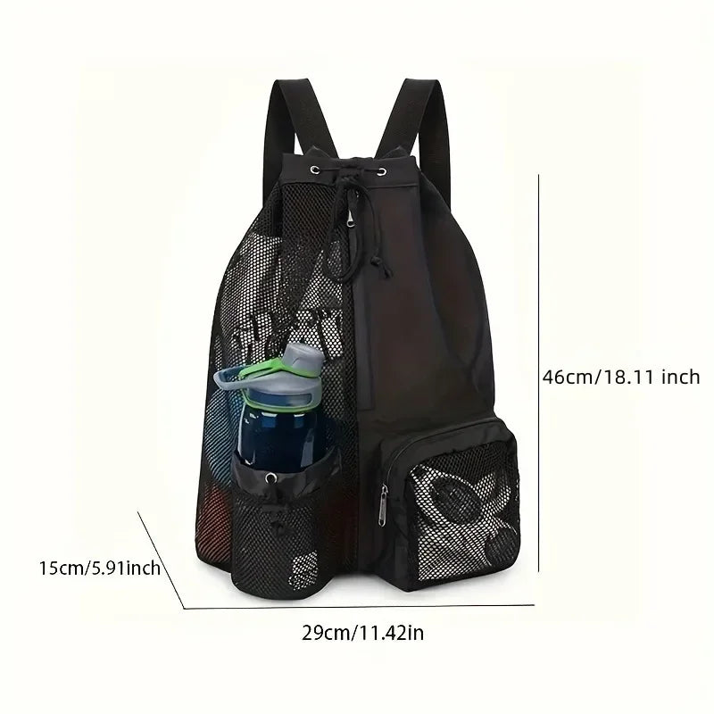 Black drawstring swimming bag with mesh pockets and measurements on a white background