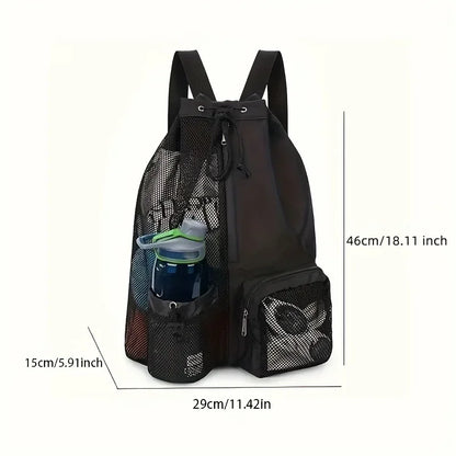 Black drawstring swimming bag with mesh pockets and measurements on a white background
