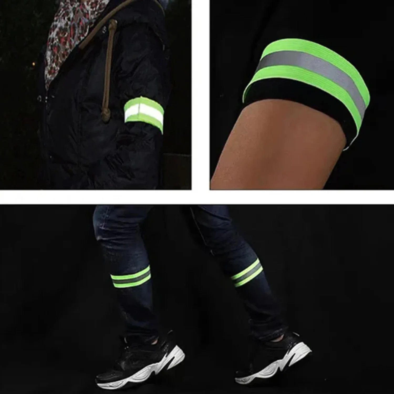 Reflective arm band and leg bands worn by a person on a dark background