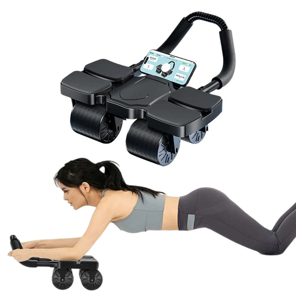 Core exercise ab roller with digital display and a woman using it on a white background