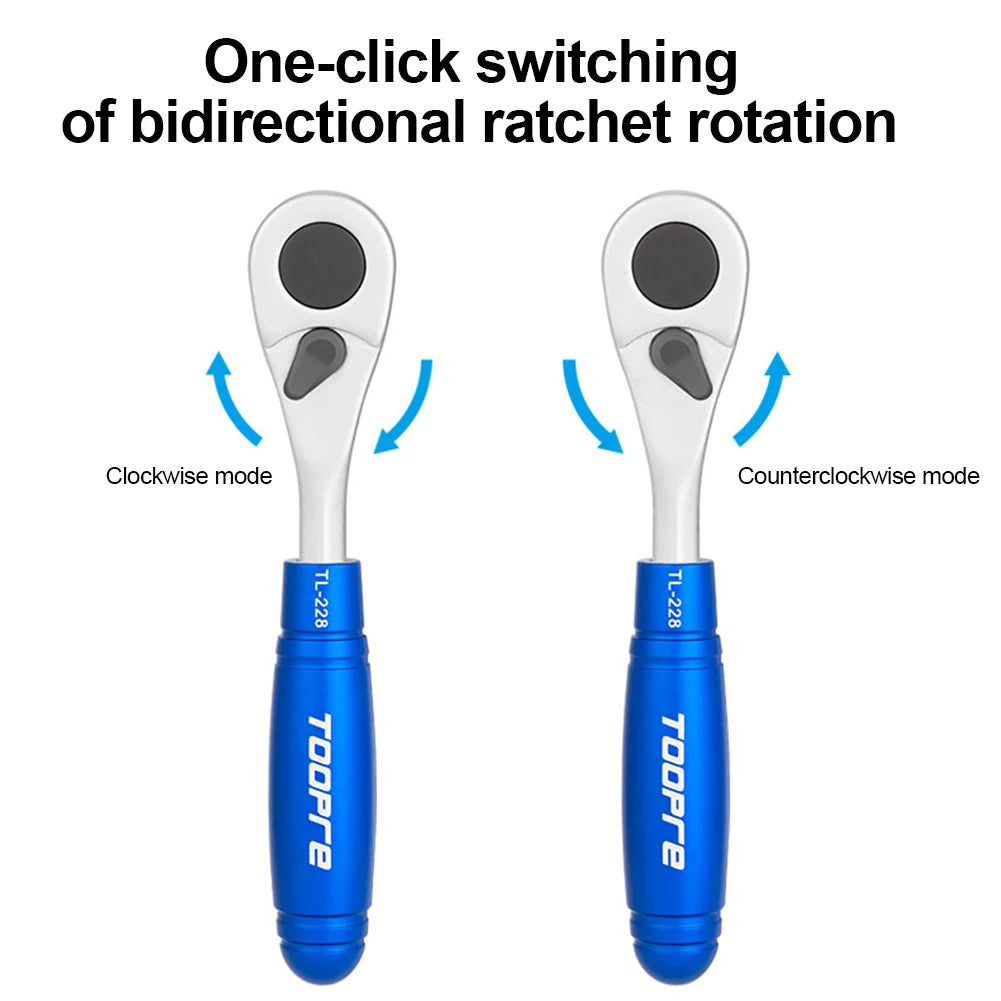 Two ratchets with blue handles and white heads, showing one-click switching of bidirectional rotation on a white background.