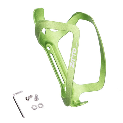Green bicycle bottle cage with mounting hardware on a white background