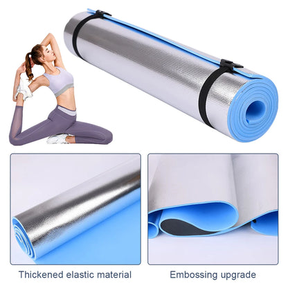 Yoga mat with a woman practicing yoga and close-up details on material and design.
