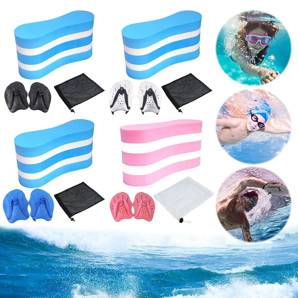 Collection of swimming accessories including floaties, fins, and swim caps with a beach background.