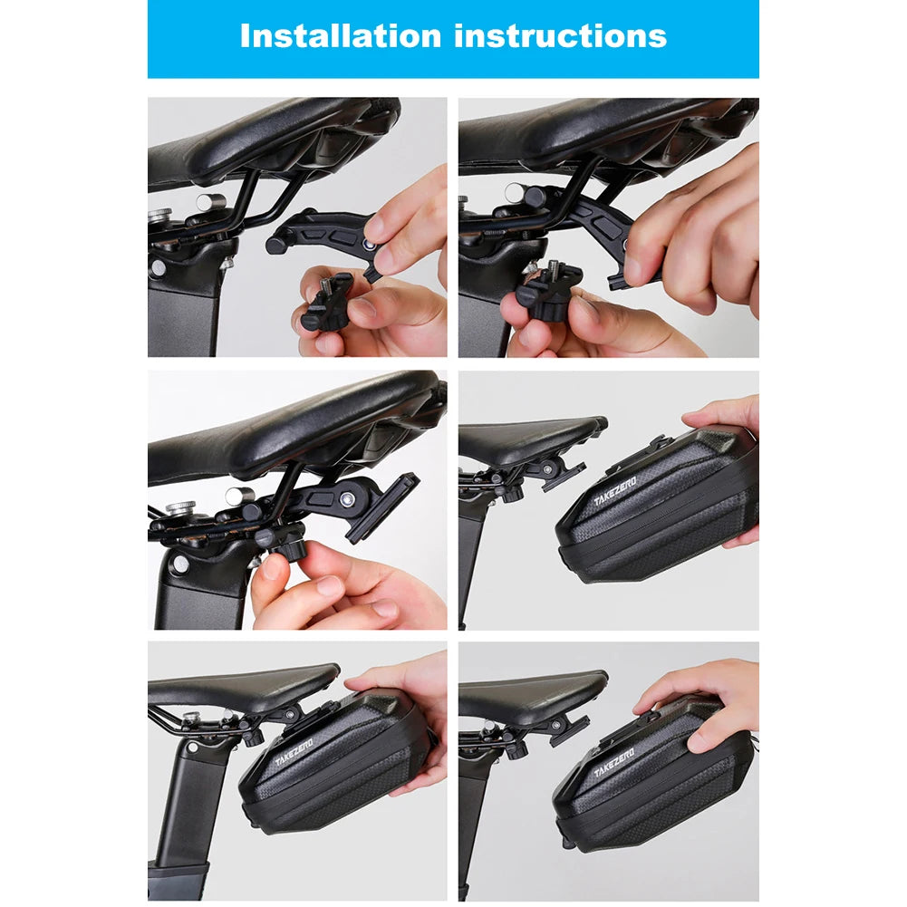 Step-by-step installation instructions for a black bike saddle bag on a gray background.
