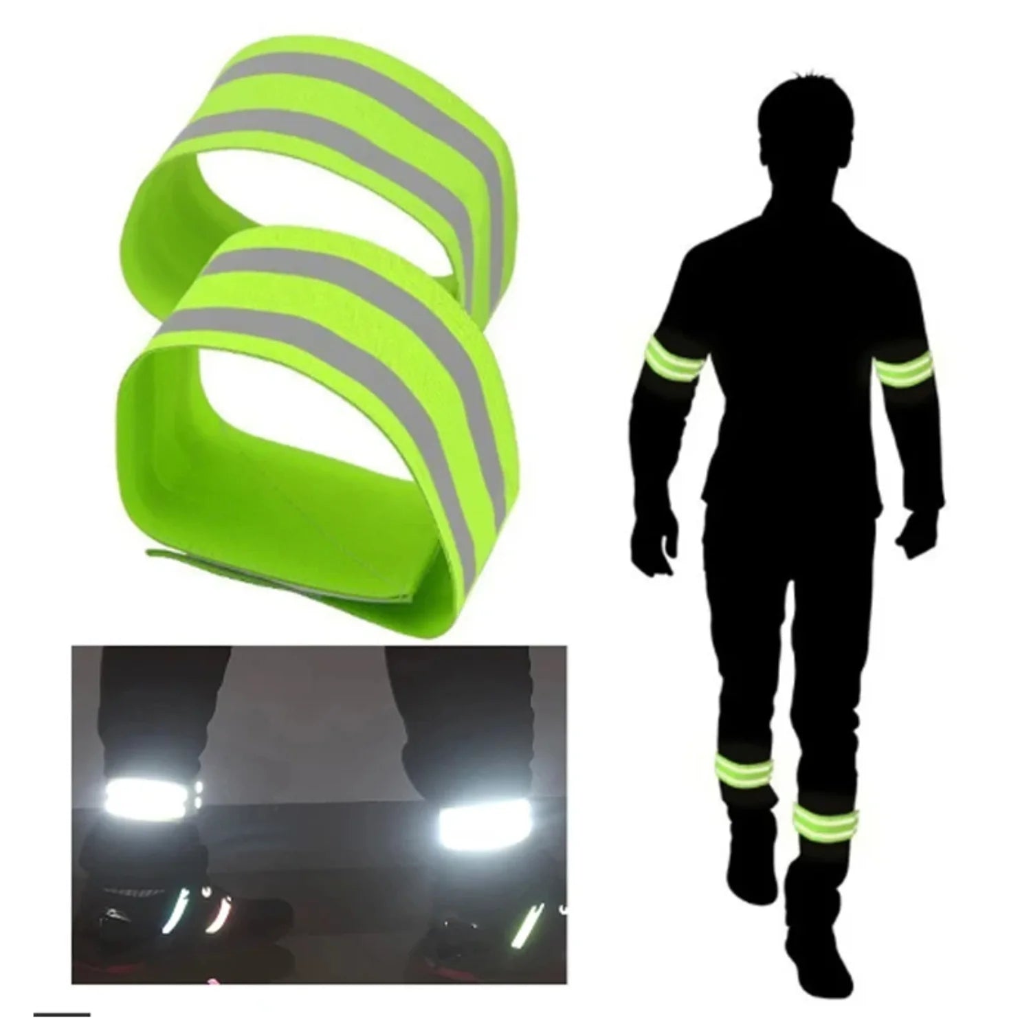 Reflective green bands with a silhouette of a person wearing them and a close-up of the reflective material.