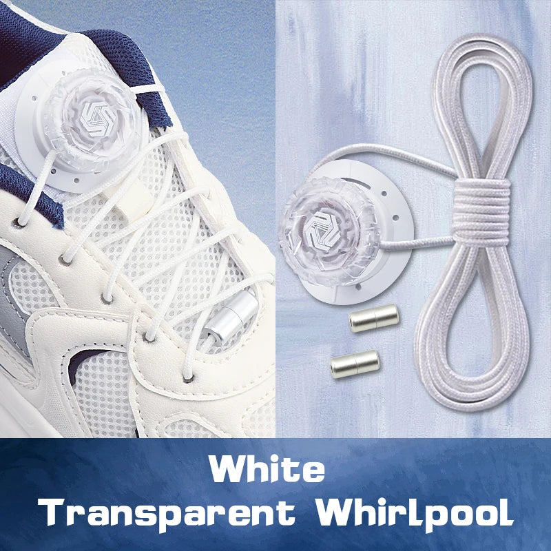 White transparent triathlon laces with a pair of white sneakers on a light blue background.