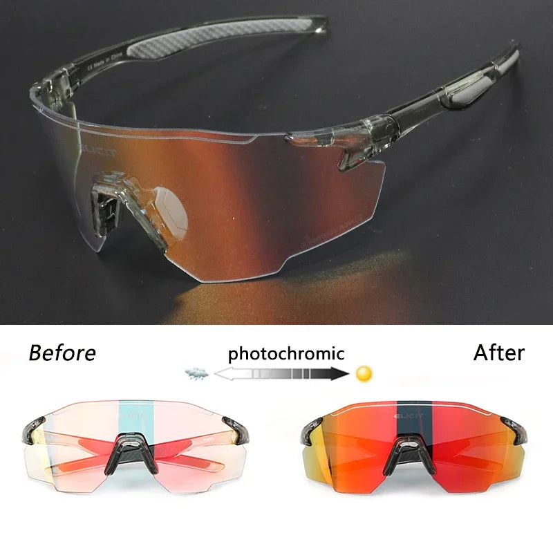 Photochromic sunglasses showing a clear lens before changing to red-orange after exposure to light.