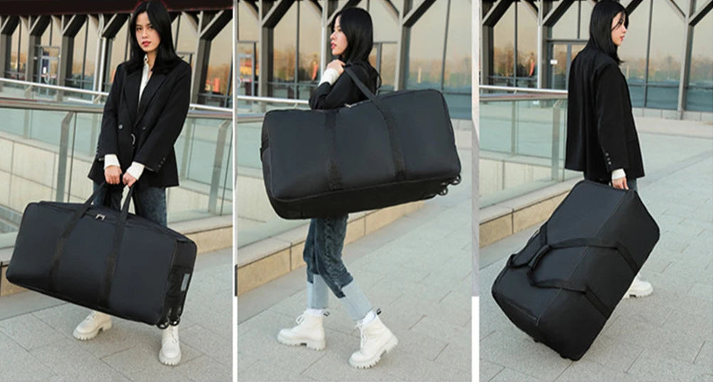 Person using a black suitcase with text indicating multiple carrying methods.