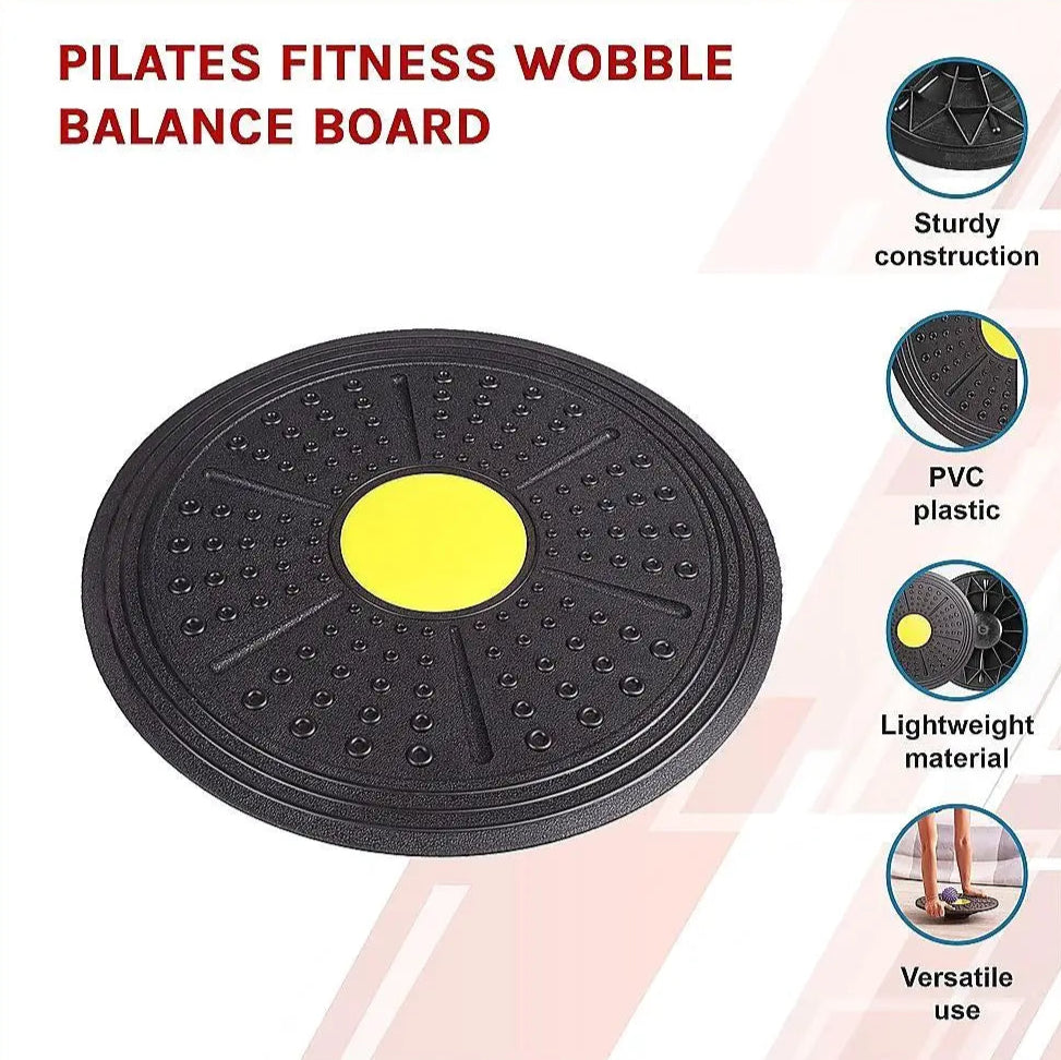 Pilates fitness wobble balance board with features on a white background
