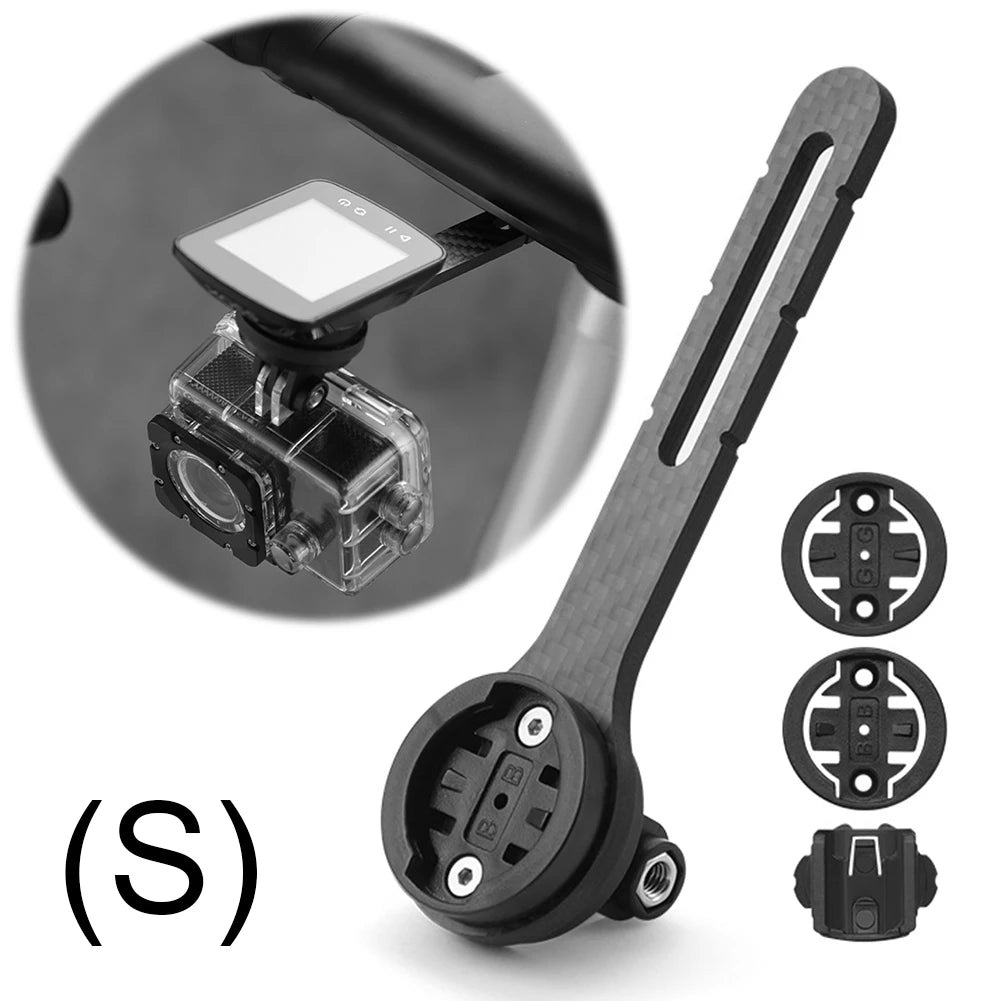 Black bike mount with camera attachment and additional attachments on a white background