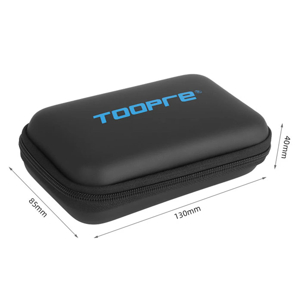 Black hard-shell carrying case with 'TOORE' branding and dimensions on a white background