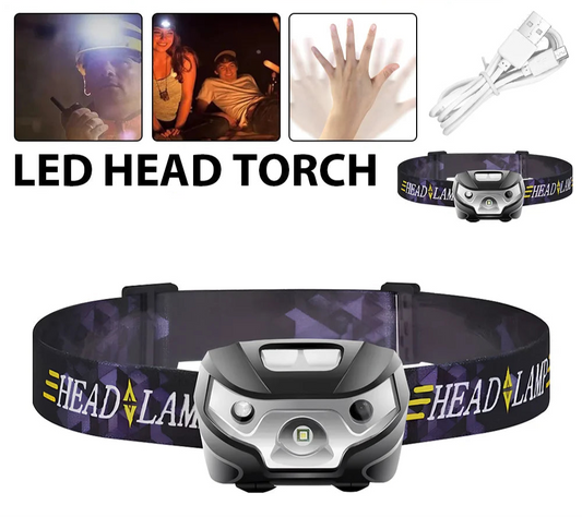 LED head torch with packaging and branding elements on a white background