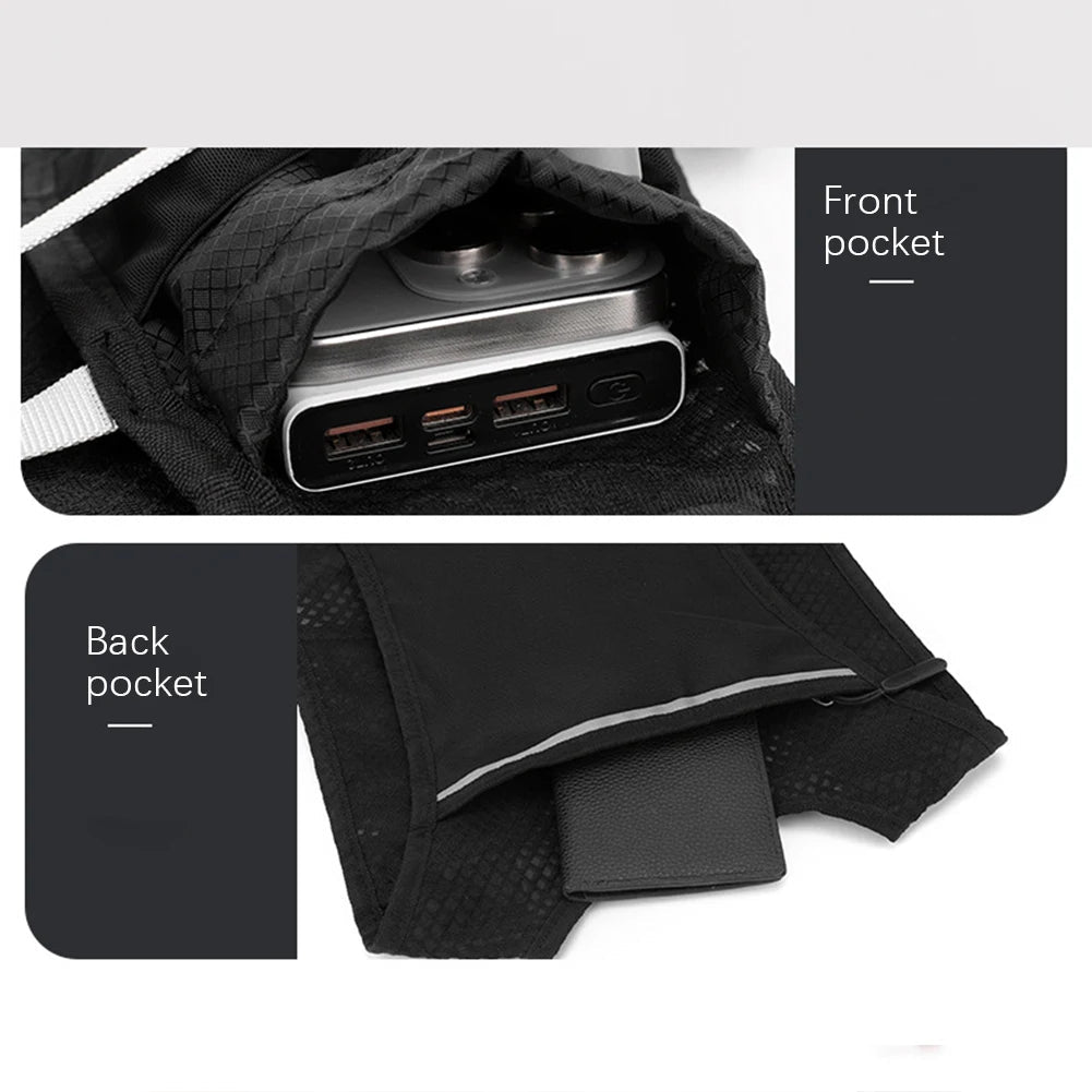 Black backpack with front and back pocket features on a white background