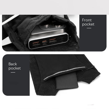 Black backpack with front and back pocket features on a white background