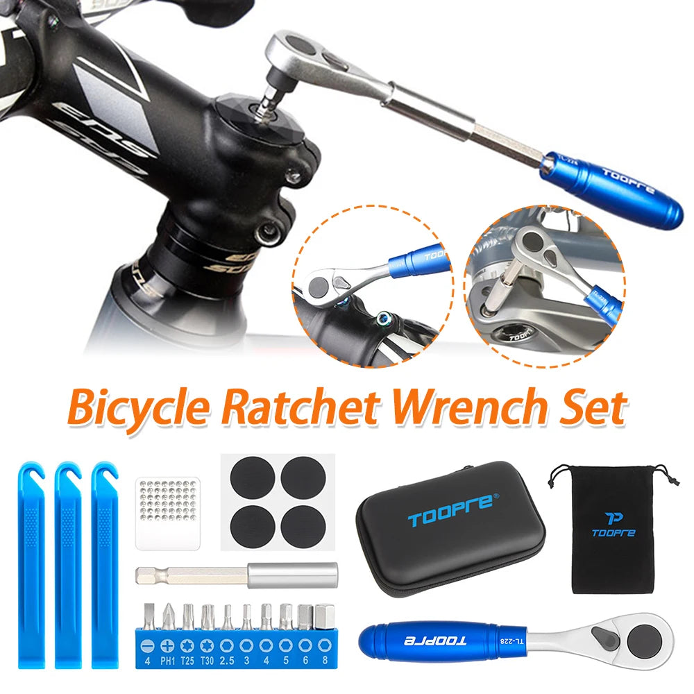 Bicycle ratchet wrench set with tools and accessories on a white background