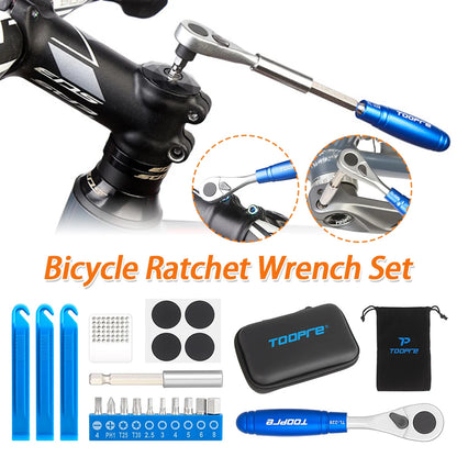 Bicycle ratchet wrench set with tools and accessories on a white background