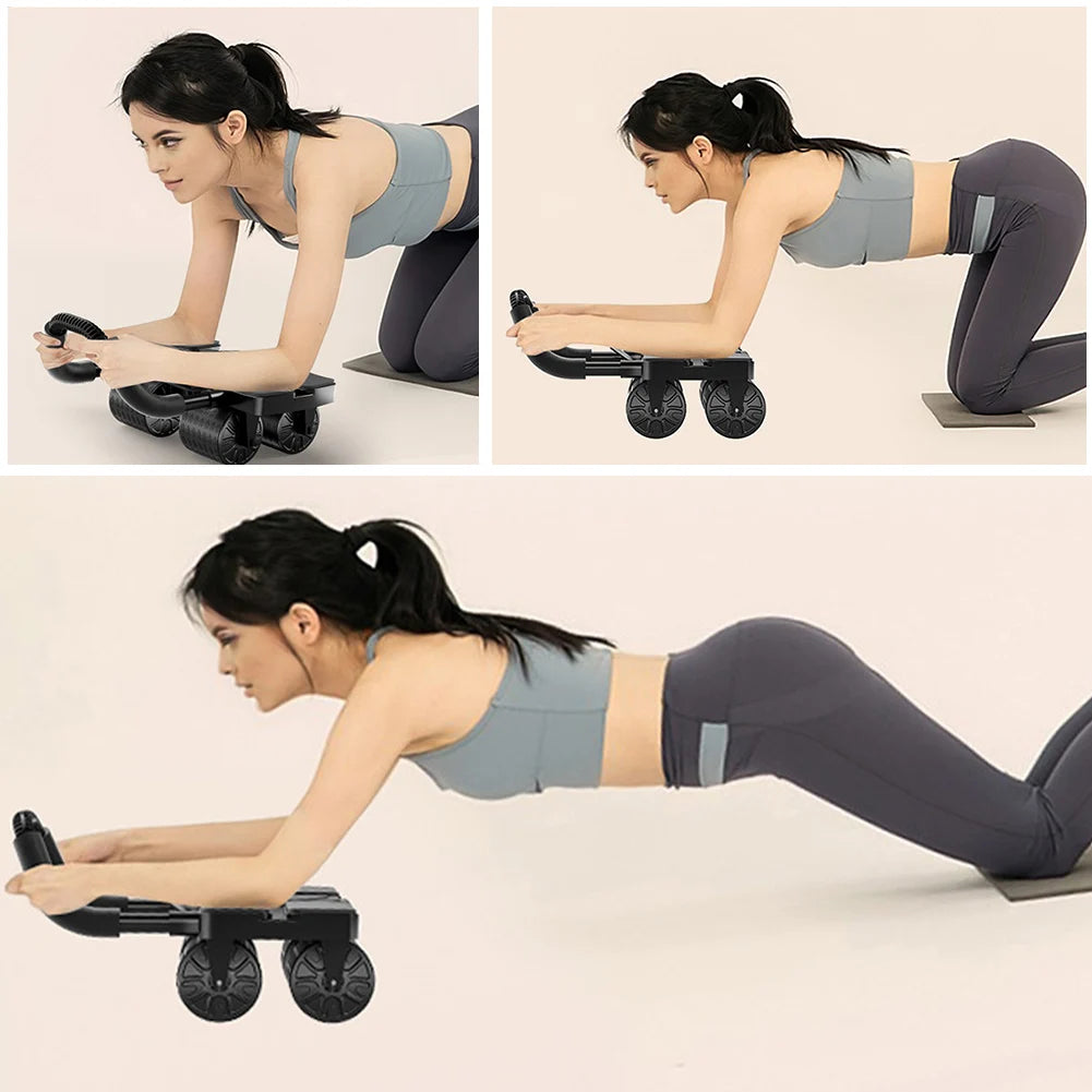 Woman using a roller for exercise in three different poses on a beige background
