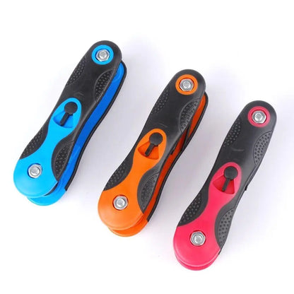 Three colorful bike tools with black handles on a white background