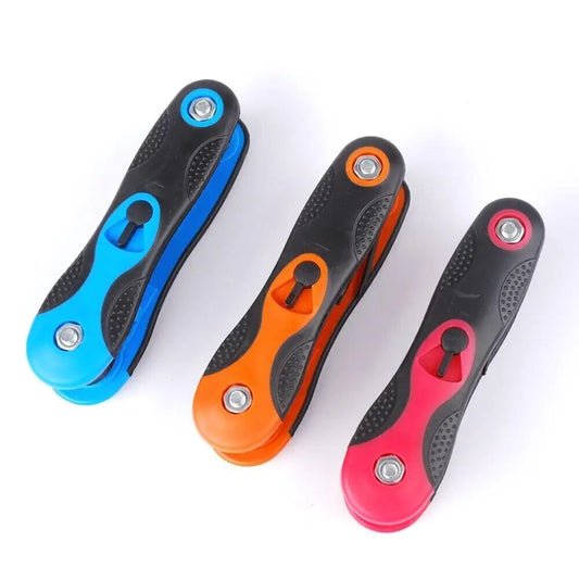 Three colorful bike tools with black handles on a white background