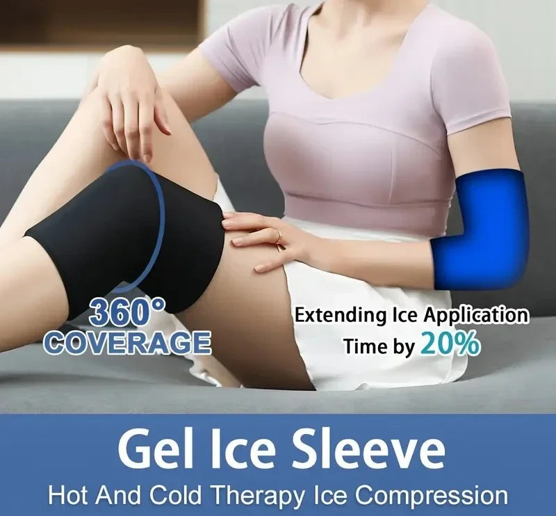 Person using a gel ice sleeve on their arm with text highlighting features