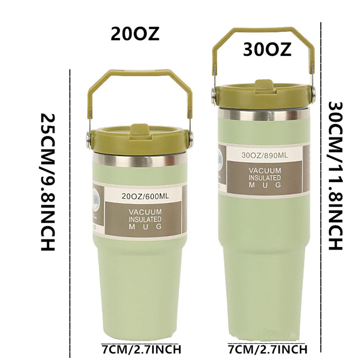 Two green vacuum insulated mugs with measurements and labels on a white background