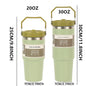 Two green vacuum insulated mugs with measurements and labels on a white background