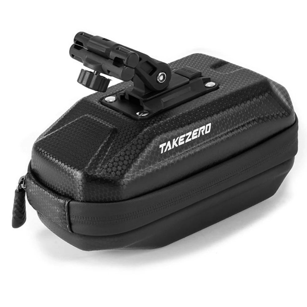 Black bike saddle bag with 'TAKEZERO' branding on a white background