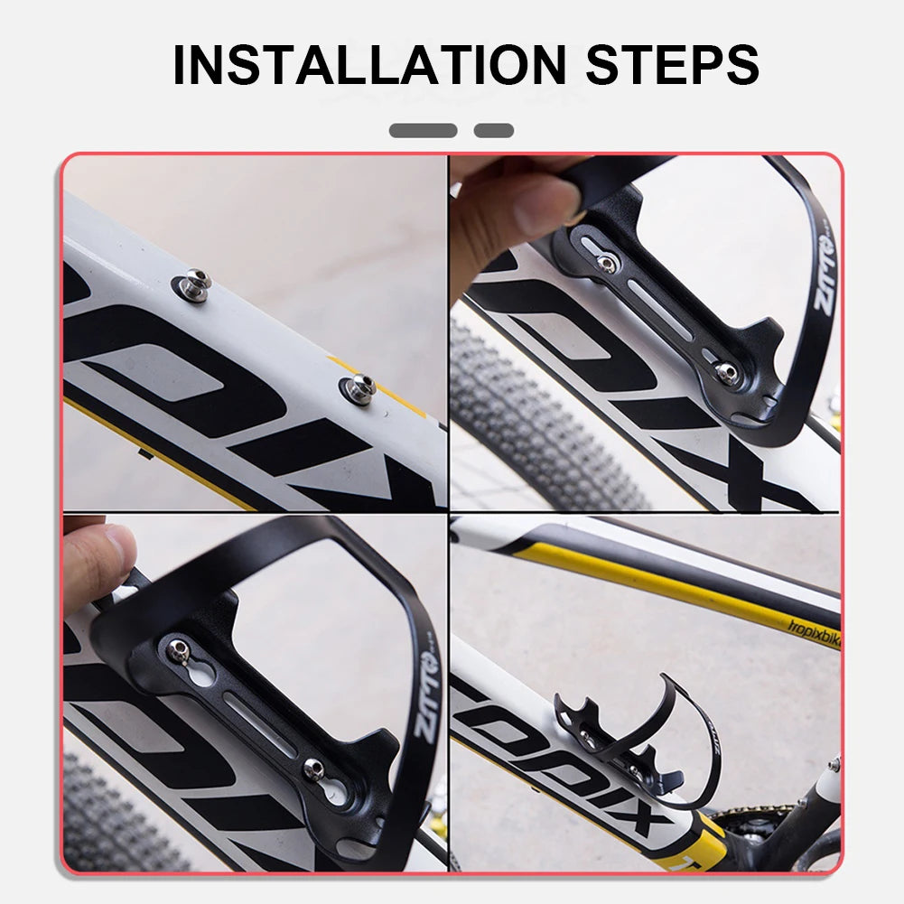 Step-by-step installation guide for a bicycle bottle holder with close-up shots.