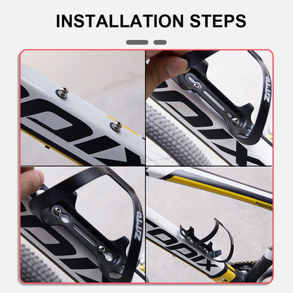 Step-by-step installation guide for a bicycle bottle holder with close-up shots.