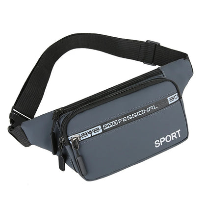 Gray waist bag with black strap on a white background