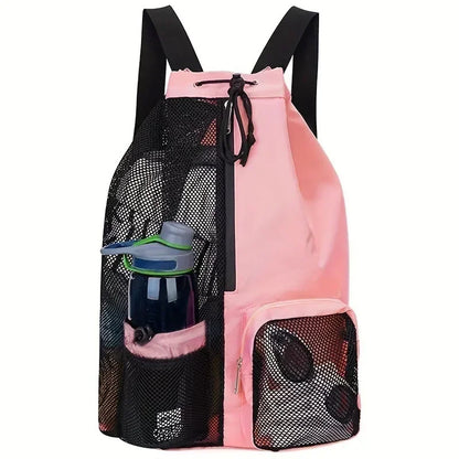 Pink swim backpack with black mesh sides on a white background