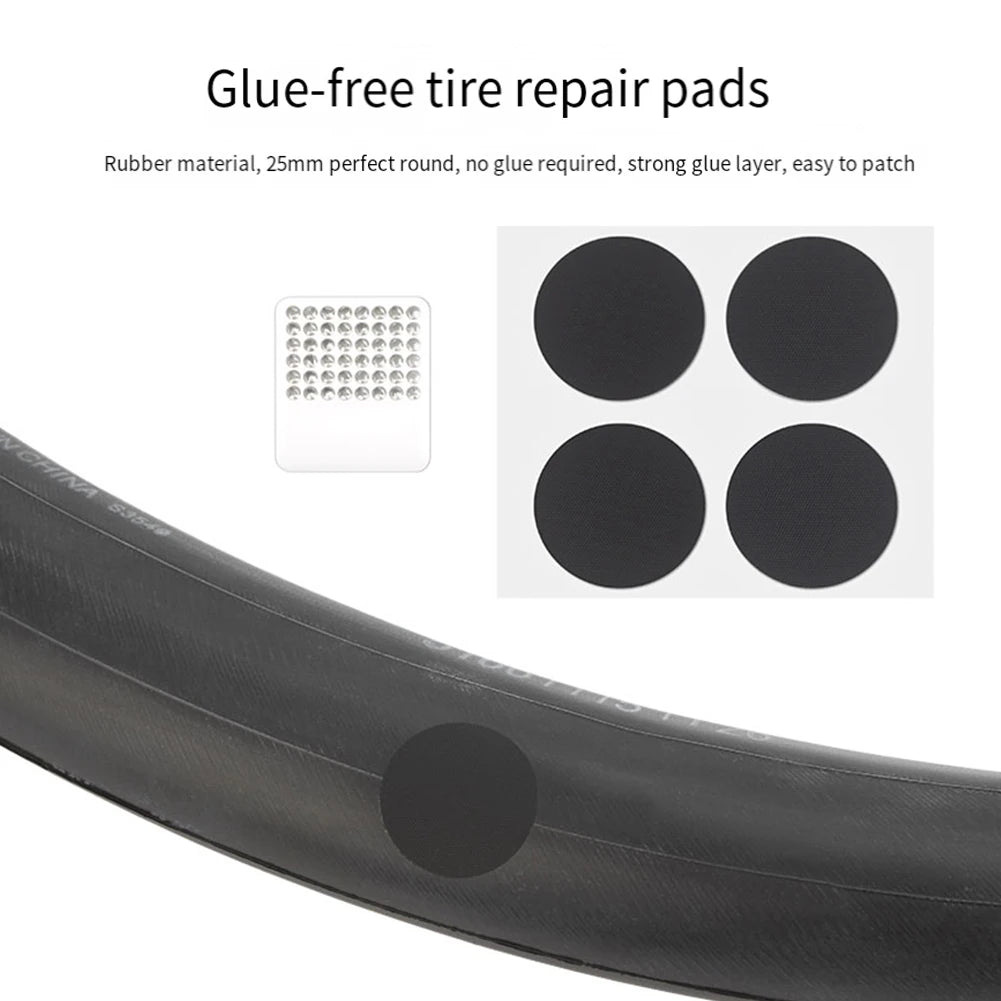 Glue-free tyre repair pads with a tyre and text on a white background