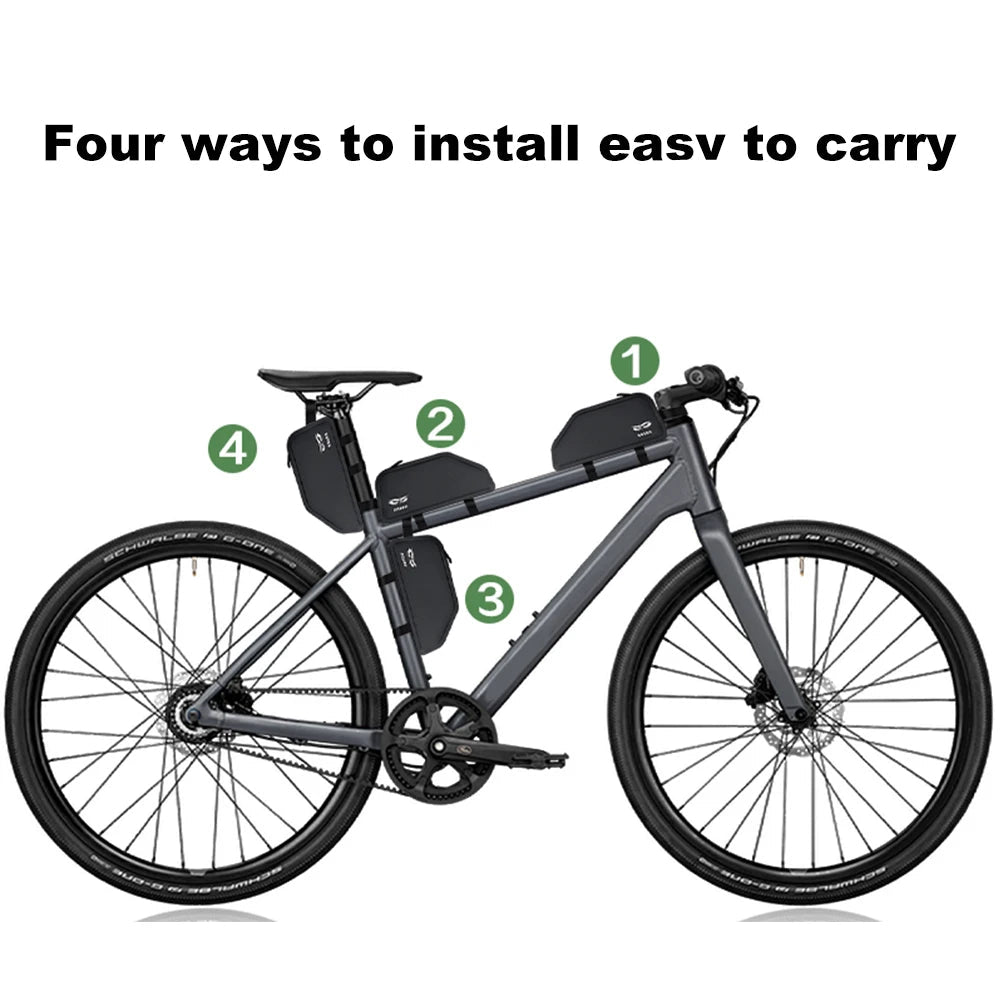 Bicycle with four bags installed on a white background, showing installation methods.