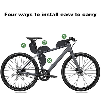 Bicycle with four bags installed on a white background, showing installation methods.