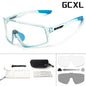 Clear safety glasses with blue accents and accessories on a white background, featuring the brand 'GCXL'.