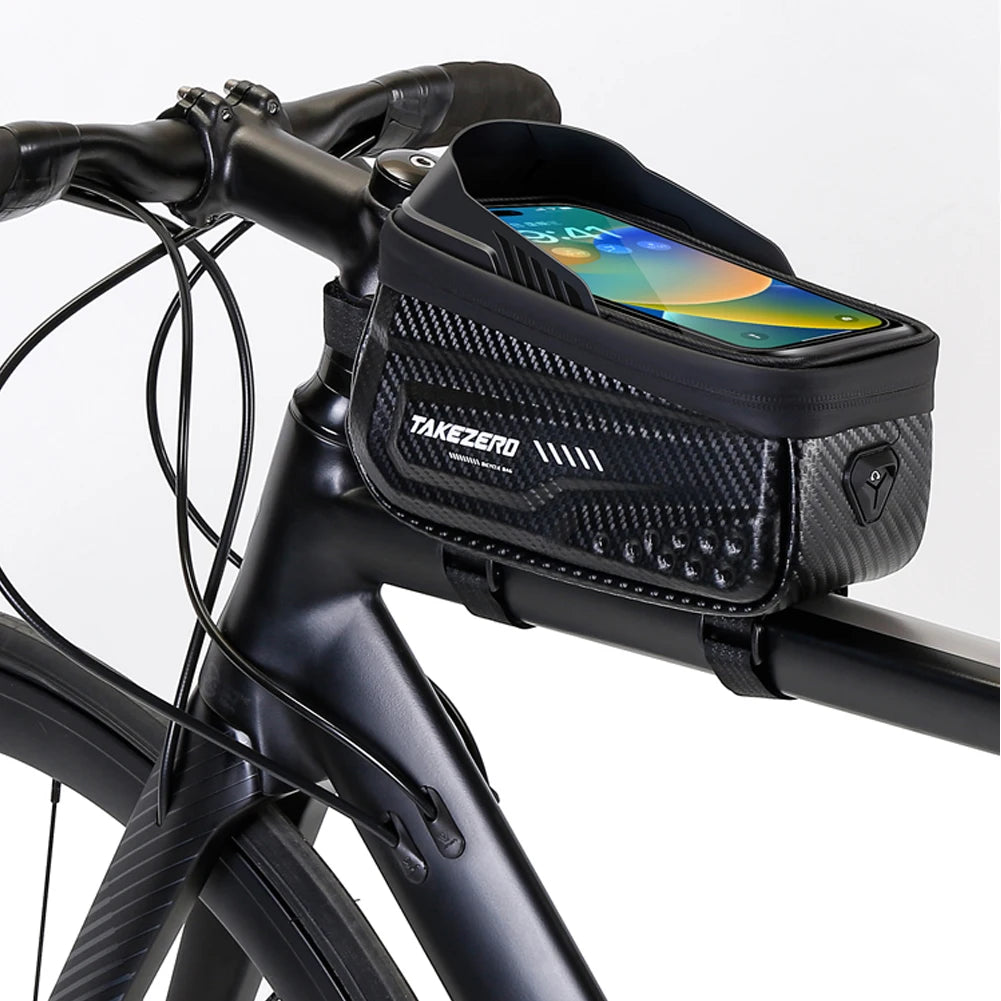 Bicycle handlebar bag with smartphone mount on a white background