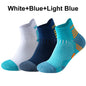 Three pairs of running socks in white, blue, and light blue with 'Don"s' branding on a white background.