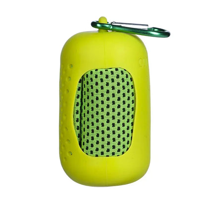 Yellow portable towel with a green carabiner on a white background