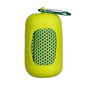 Yellow portable towel with a green carabiner on a white background