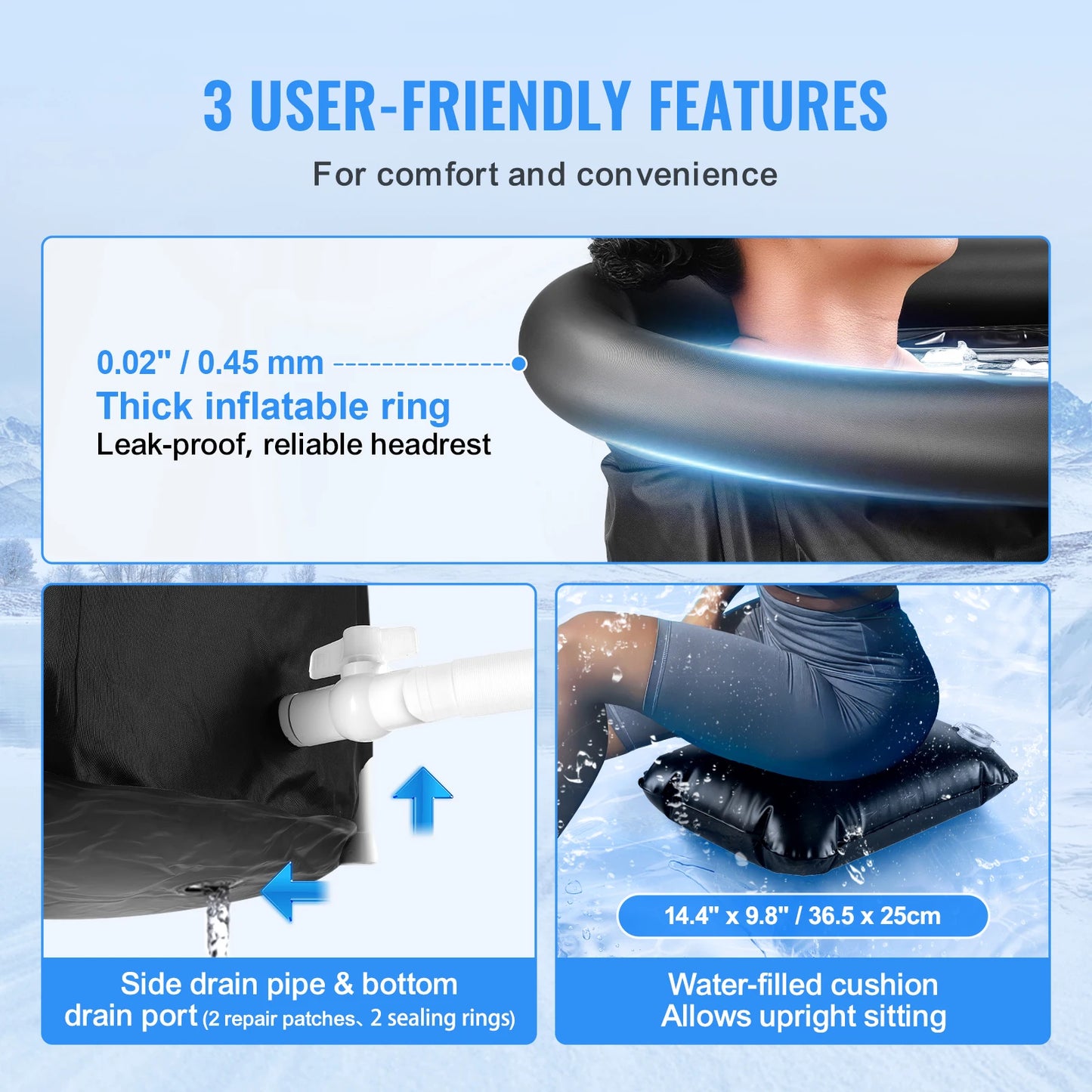 Inflatable seat with features highlighted on a blue background